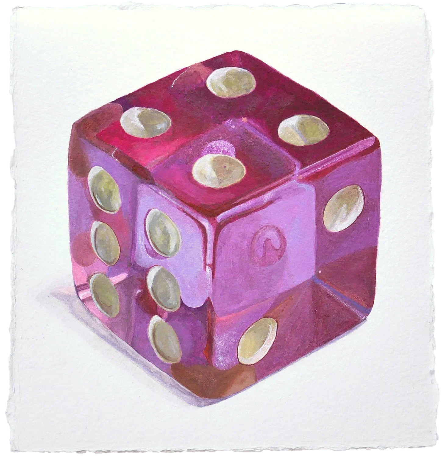 Die, a watercolor painting of a translucent pink and purple die with cream pips, on deckle-edged paper, by Wesley Ketcher