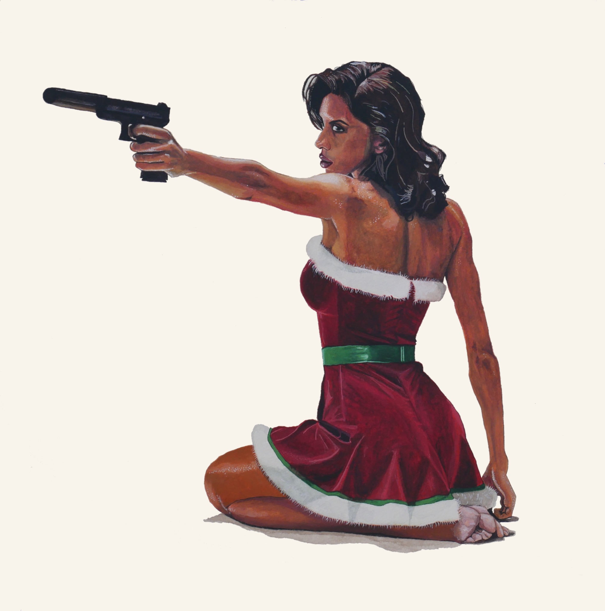 Watercolor painting of a woman in a red holiday dress holding a gun by Wesley Ketcher
