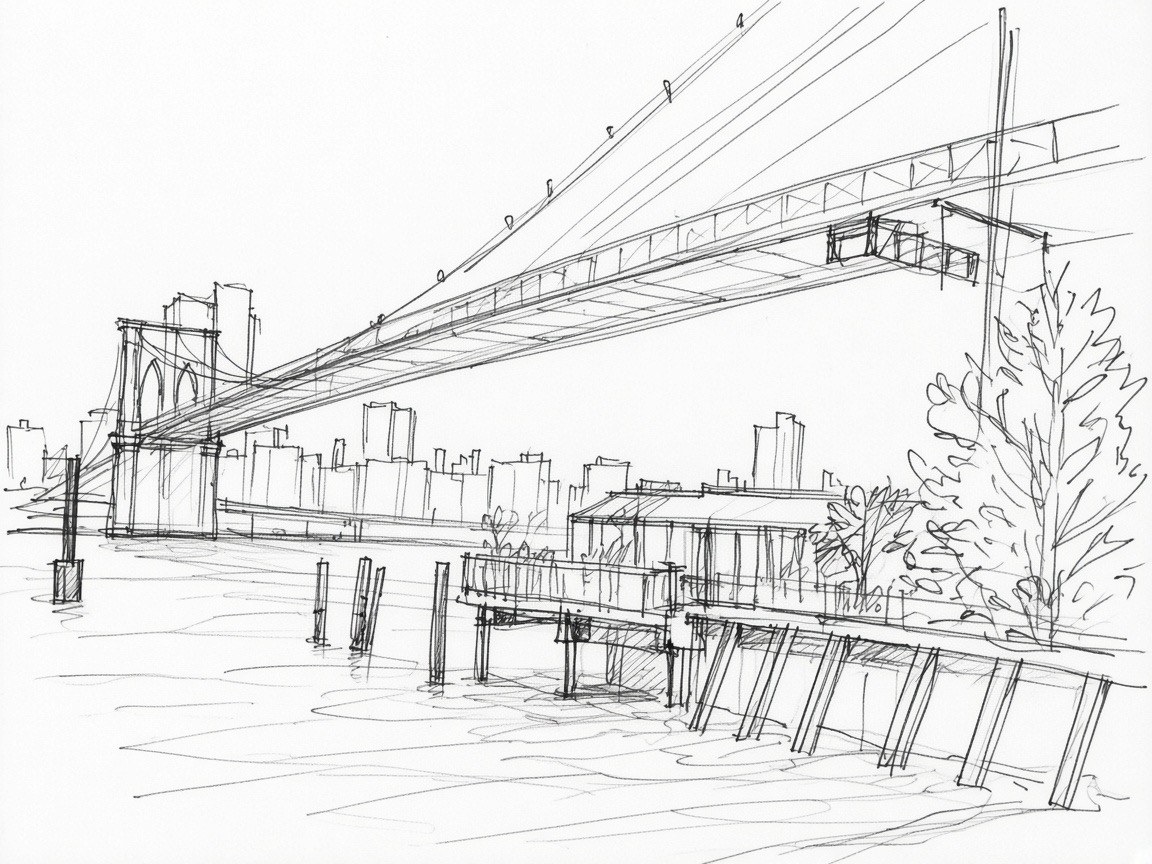 Pen sketch by Wesley Ketcher of the Brooklyn Bridge over the East River, with the Manhattan skyline, wooden pilings and a waterfront pier