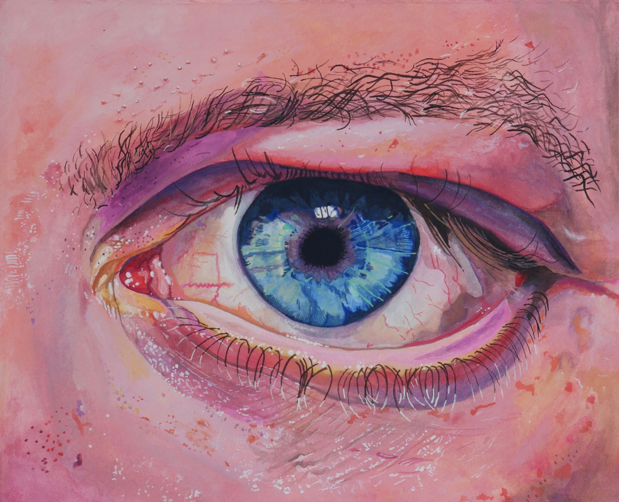 Close-up watercolor painting of a blue eye by Wesley Ketcher